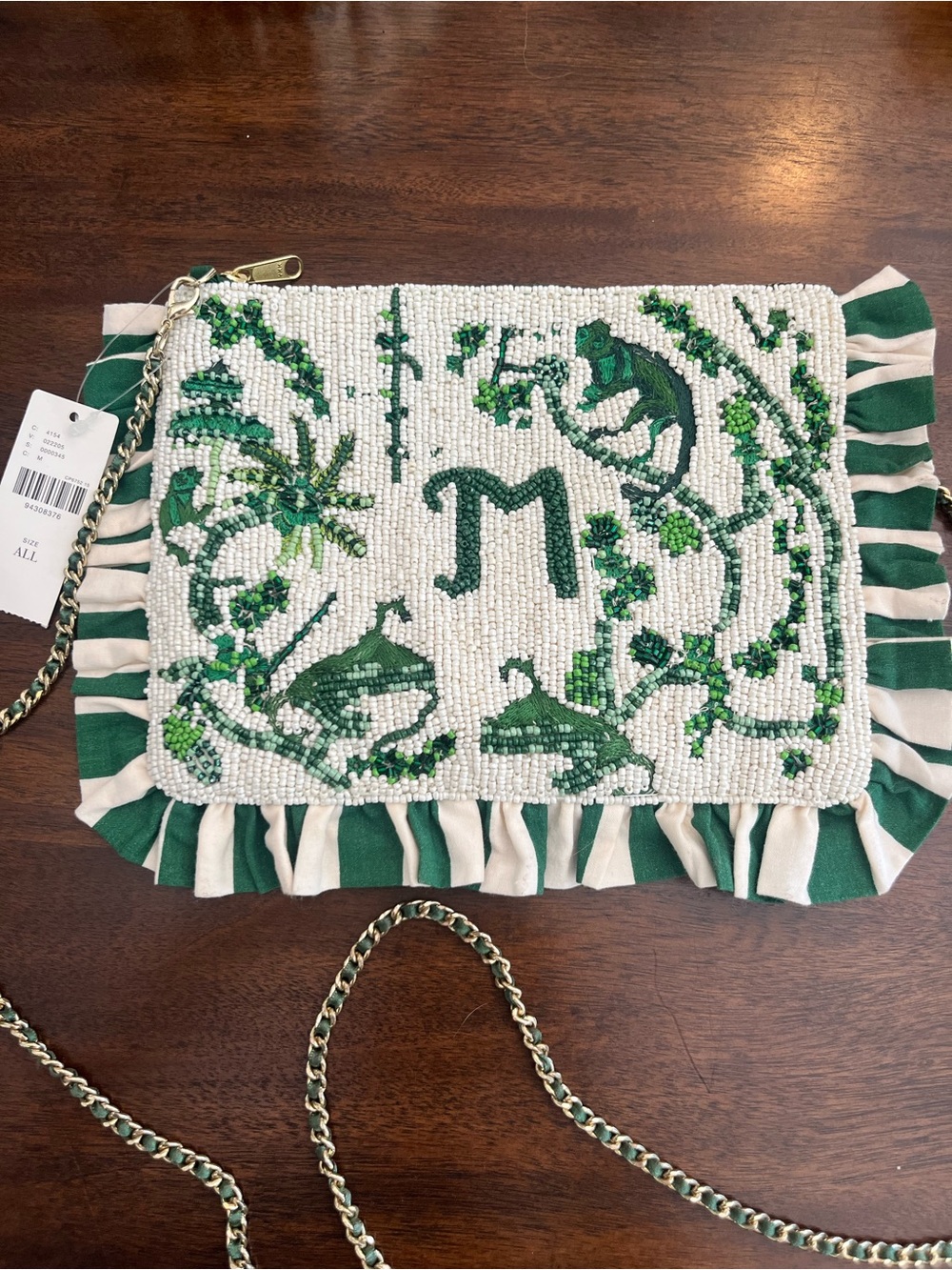Anthropologie Green and White M Anna Embroidered Ruffle Beaded Crossbody Bag - Picture 5 of 11
